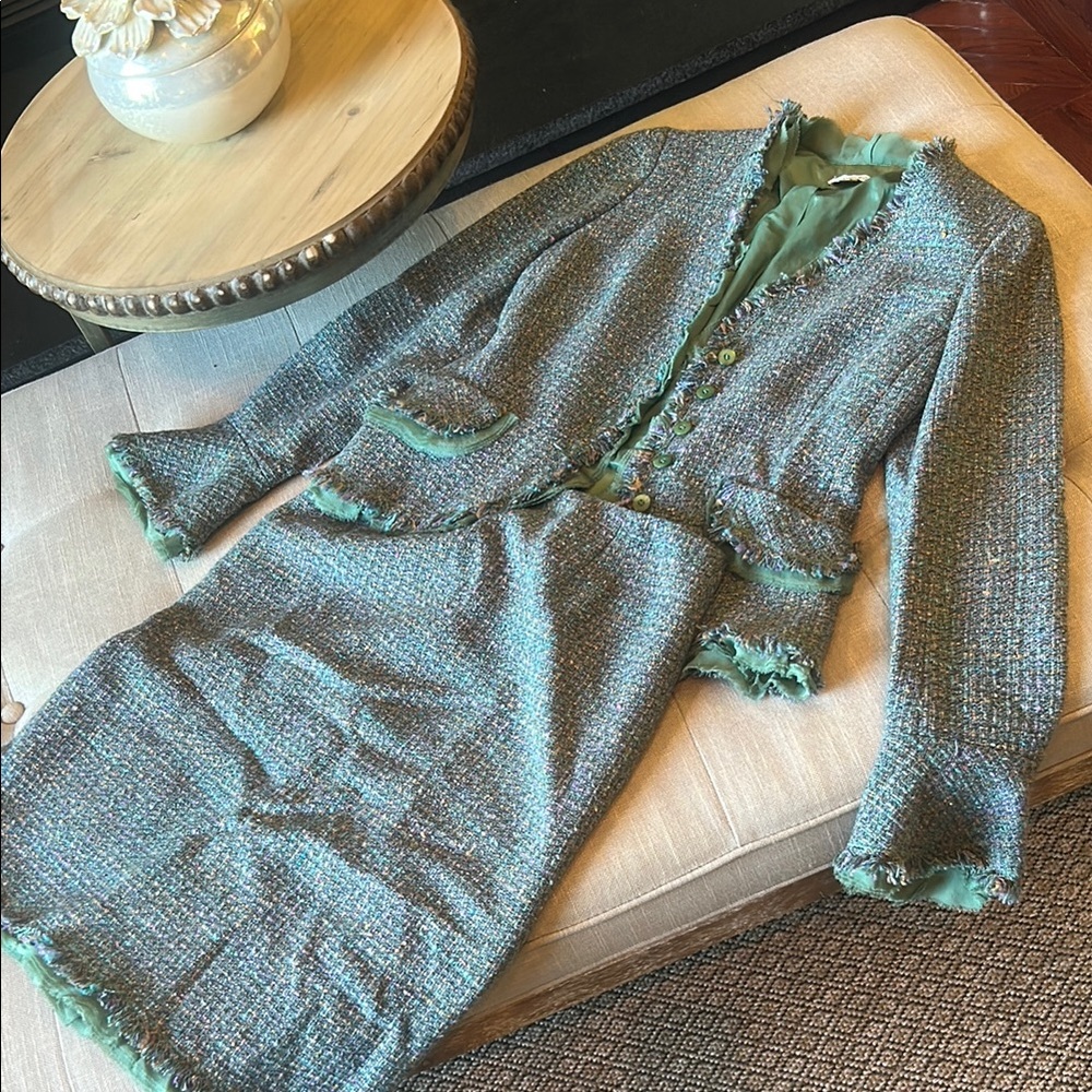 Lillie Rubin Teal Tweed Two Piece Skirt Blazer Set Size 2 - Picture 3 of 15